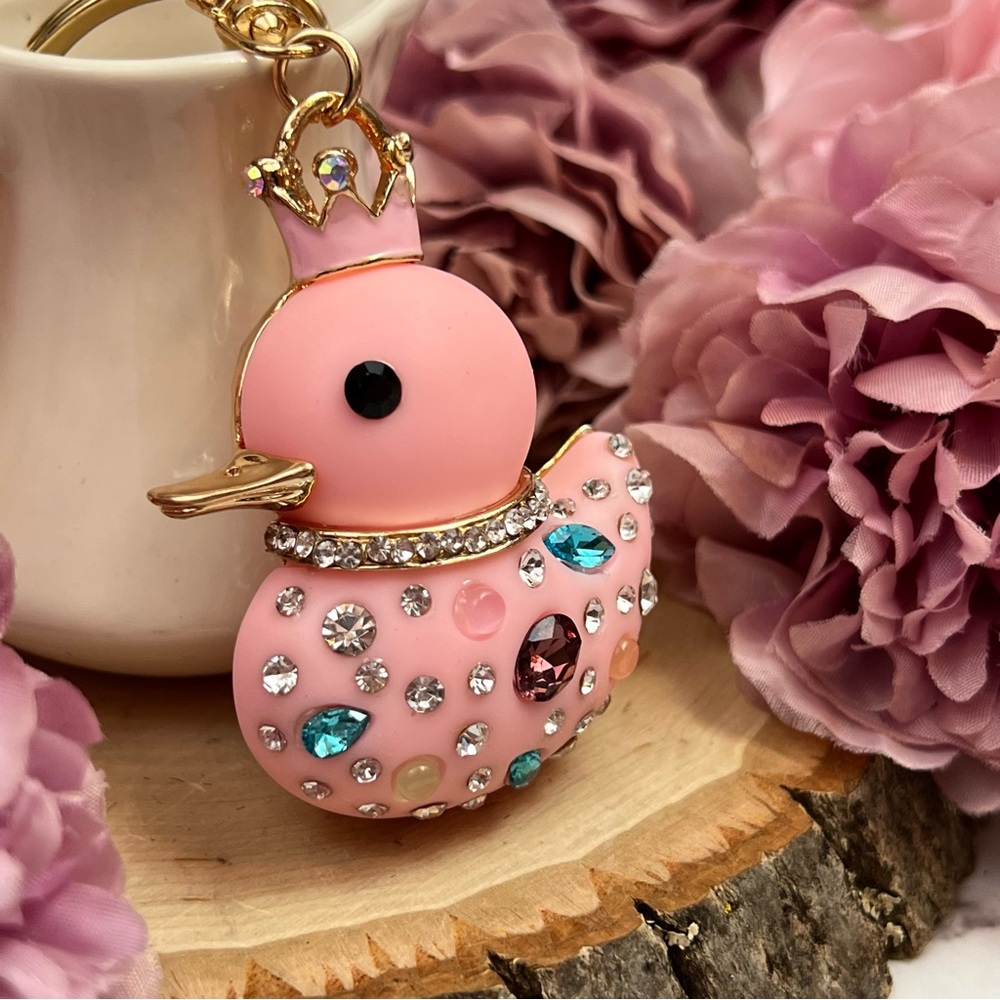 Pink Jeweled Duck with Crystals and Crown Keychain Charm - Picture 3 of 13